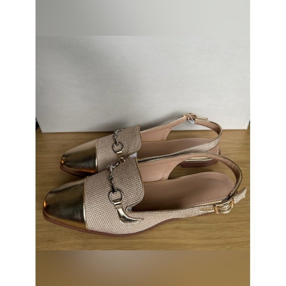Gold Cap Toe Slingback Loafers‎ Horsebit Detail Square Toe Flats Beige EU 43 SS